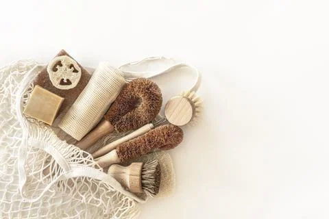 Zero waste kitchen cleaning concept. Eco friendly natural cleaning tools. Stock Photos