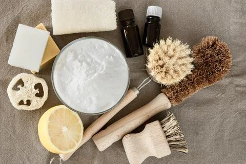 Zero waste kitchen cleaning concept. Eco friendly natural cleaning tools and Stock Photos
