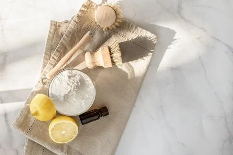 Zero waste kitchen cleaning concept. Eco friendly natural cleaning tools and Stock Photos