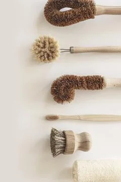 Zero waste kitchen cleaning concept. Eco friendly natural cleaning tools. Stock Photos