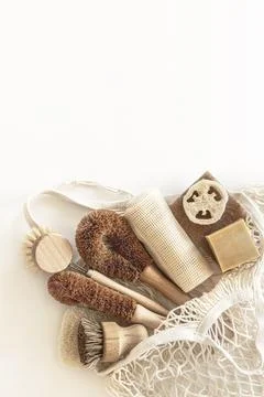 Zero waste kitchen cleaning concept. Eco friendly natural cleaning tools. Stock Photos