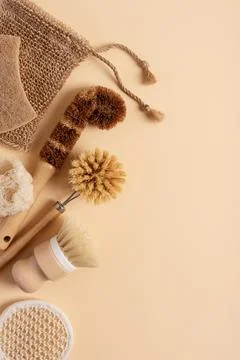 Zero waste kitchen cleaning concept with dish brushes and washclothes. Eco fr Stock Photos