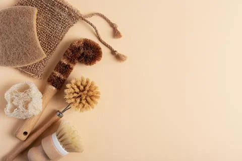 Zero waste kitchen cleaning concept with dish brushes and washclothes. Eco fr Stock Photos