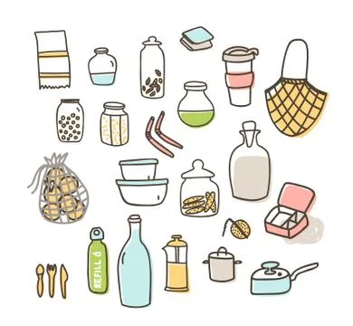 Zero waste kitchen doodle vector icons set isolated Stock Illustration