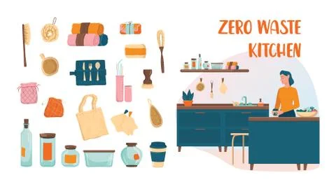 Zero waste kitchen set. Collection of eco elements for people who Stock Illustration