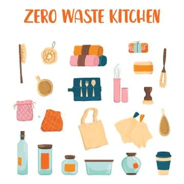 Zero waste kitchen set. Collection of eco elements for people who Stock Illustration