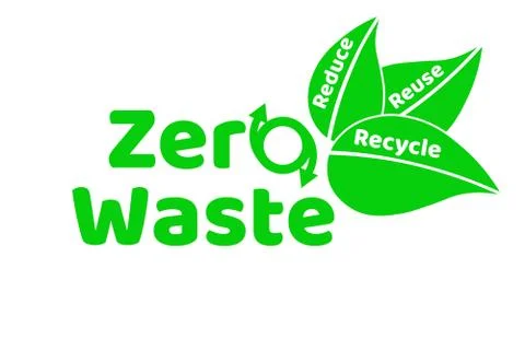 Zero waste lettering text sign or logo with green leaves. Waste management Stock Illustration