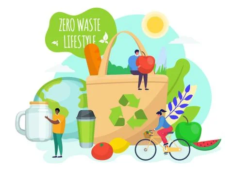 Zero waste lifestyle concept, vector illustration. People characters care about Stock Illustration