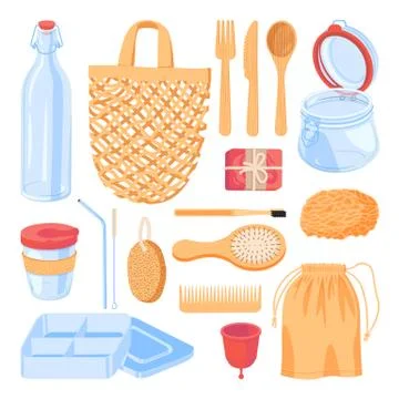 Zero waste lifestyle, vector design elements. Natural reusable items and acce Stock Illustration