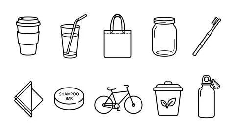 Zero waste lifestyle vector icons set showing various eco-friendly products.. Stock Illustration