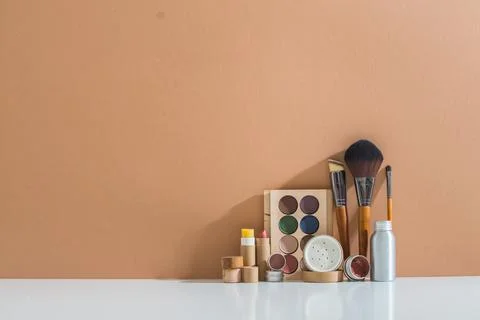 Zero waste make up set in minimalistic style on pastel background Stock Photos