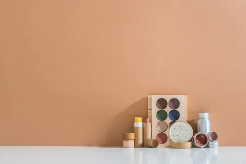Zero waste make up set in minimalistic style on pastel background Stock Photos