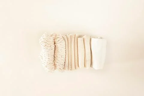 Zero waste minimal composition with tring and canvas bags for storage. Stock Photos