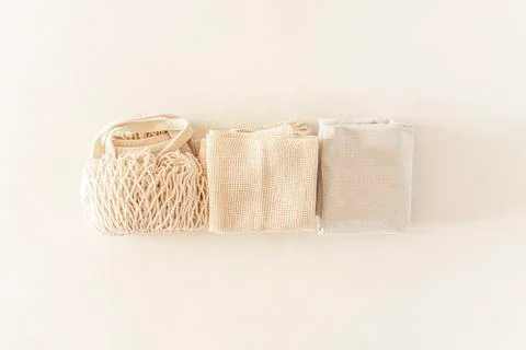 Zero waste minimal composition with tring and canvas bags for storage. Stock Photos