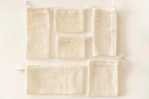 Zero waste minimal composition with tring and canvas bags for storage. Stock Photos