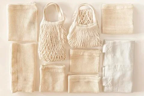 Zero waste minimal composition with tring and canvas bags for storage. Stock Photos