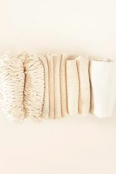 Zero waste minimal composition with tring and canvas bags for storage. Stock Photos