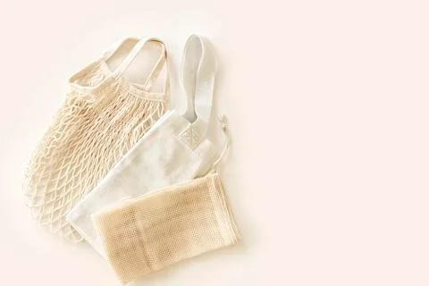 Zero waste minimal composition with tring and canvas bags for storage. Stock Photos