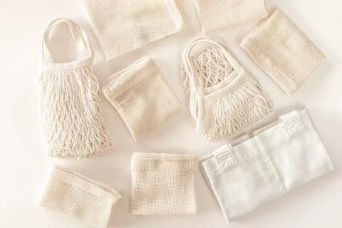 Zero waste minimal composition with tring and canvas bags for storage. Stock Photos