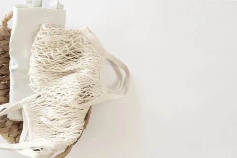 Zero waste minimal composition with tring and canvas bags for storage. Stock Photos