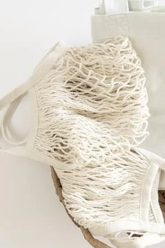 Zero waste minimal composition with tring and canvas bags for storage. Stock Photos