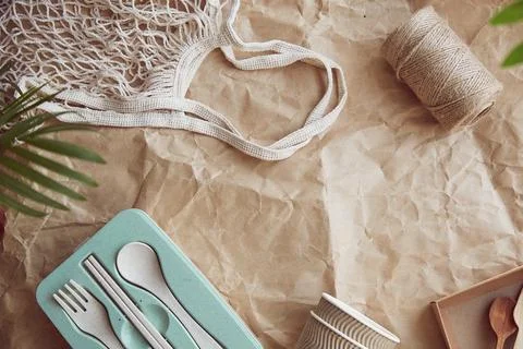 Zero waste, multiuse plastic free, ecological tableware. Eco shopping bag on Stock Photos