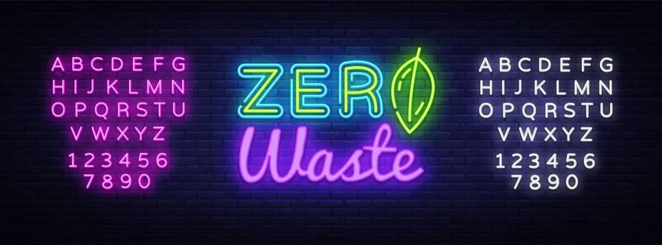 Zero Waste Neon Text Vector. Zero Waste neon sign, design template, modern trend Stock Illustration
