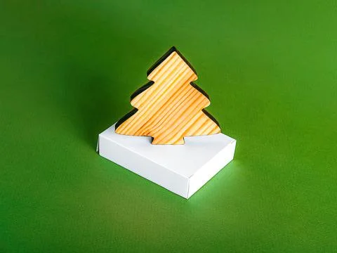 The zero waste new year concept as a wooden fir tree on the green background. Stock Photos