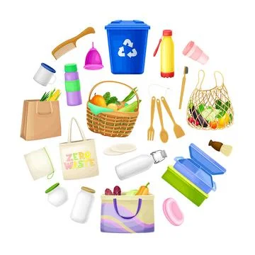 Zero Waste Object and Reusable Product Round Composition Vector Template Stock Illustration