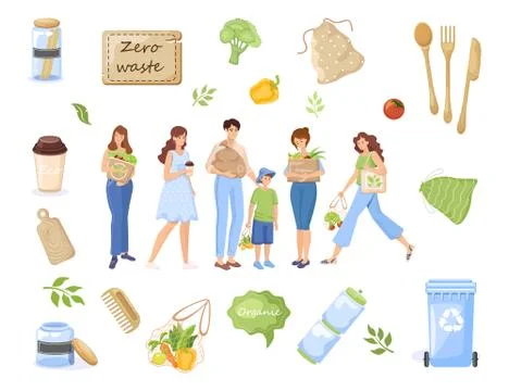 Zero waste objects. People carrying recycling waste, natural products in eco Stock Illustration