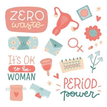 Zero waste periods set. Reusable pads, paper calendar, gynecological cap and Stock Illustration