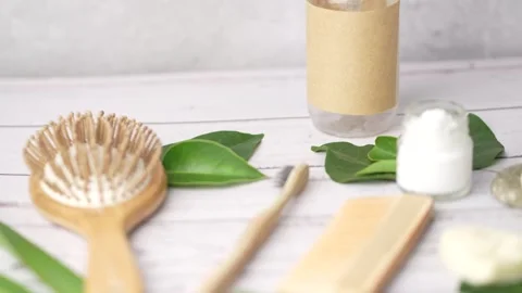 Zero waste personal care set of wooden hairbrush, comb, toothbrush, glass b.. Stock Footage 285638875