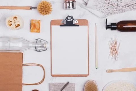 Zero waste plastic free tools and items on white background. Stock Photos