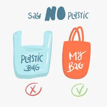 Zero waste poster. Plastic bag vs fabric shopping bag. Less plastic. hand Stock Illustration