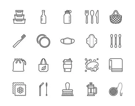 Zero waste products flat line icon set. Reusable bottle, wooden cutlery, metal Stock Illustration