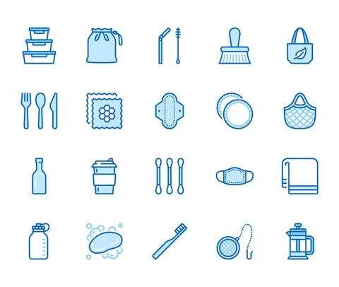 Zero waste products flat line icons set. Reusable bottle, wooden cutlery, metal Stock Illustration