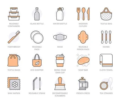 Zero waste products flat line icons set. Reusable bottle, wooden cutlery, metal Stock Illustration