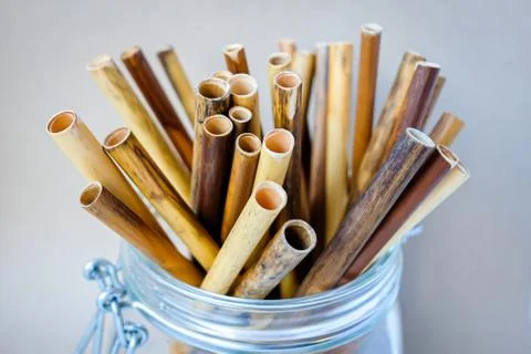 Zero waste reed drinking straws in glass jar Stock Photos