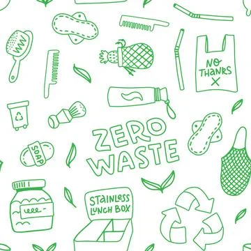 Zero waste seamless pattern concept. Reduce, reuse, refuse, Reycle, Rot - Illustrazione stock