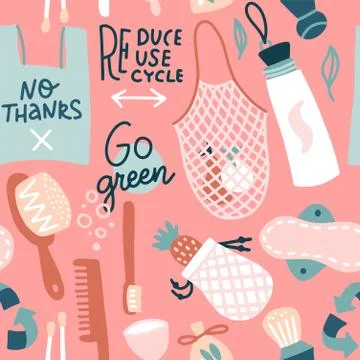Zero waste seamless pattern. Hand drawn eco life texture. Flat vector backgro Stock Illustration