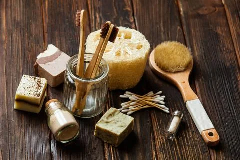 Zero waste set for bathing close up Organic cosmetics - solid shampoo and ... 스톡 사진