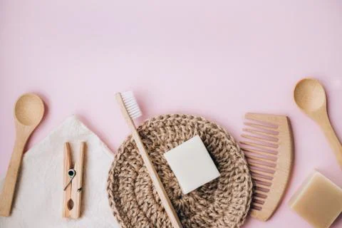 Zero waste set for bathing on light pink background. Stock Photos