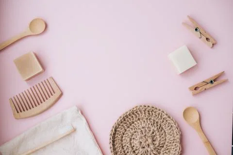Zero waste set for bathing on light pink background. Stock Photos