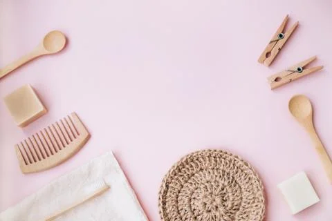 Zero waste set for bathing on light pink background. Stock Photos