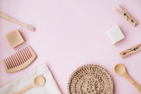 Zero waste set for bathing on light pink background. Stock Photos