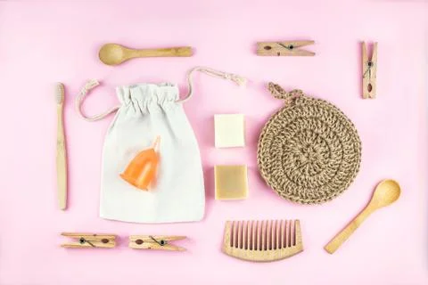 Zero waste set for bathing on light pink background. Stock Photos