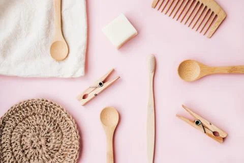 Zero waste set for bathing on light pink background. Stock Photos