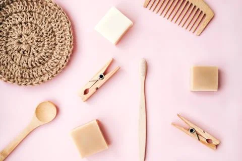 Zero waste set for bathing on light pink background. Stock Photos
