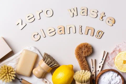 Zero waste set of plastic free kitchen cleaning utensils Stock Photos