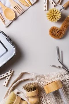 Zero waste set of plastic free and reusable kitchen utensils Stock Photos